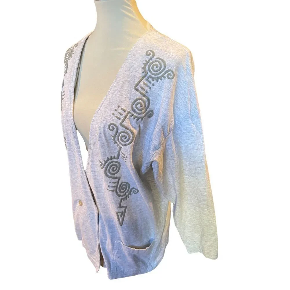 SHoK 80’s Light Gray Button Front Tribal Design Cardigan Jacket/Blazer Size XL-V